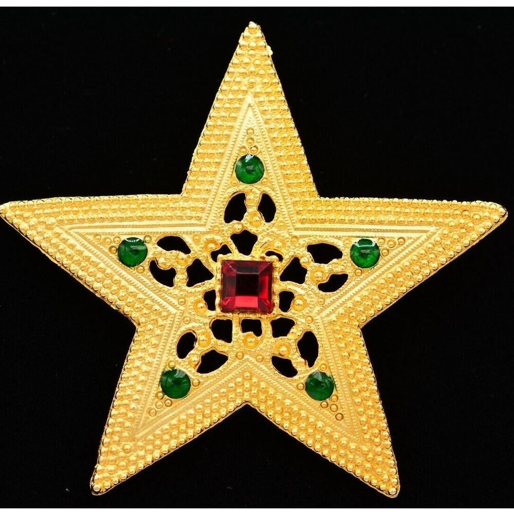 1928 Vintage Star Pin Brooch Brushed Gold Green Red Crystal Christmas 80s Bin5B